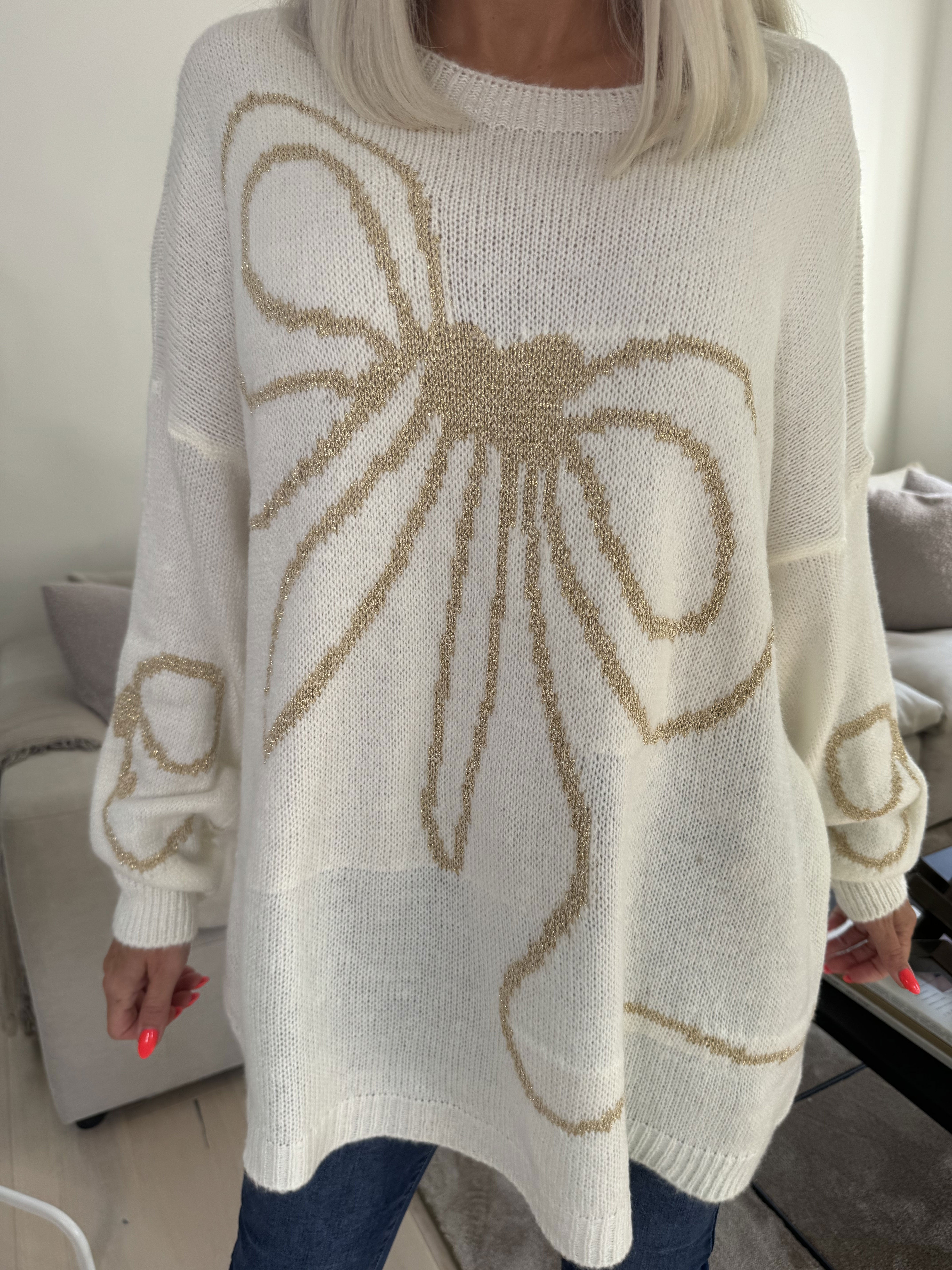 Ruby - Striktrøje med uld og sløjfe i guldtråde